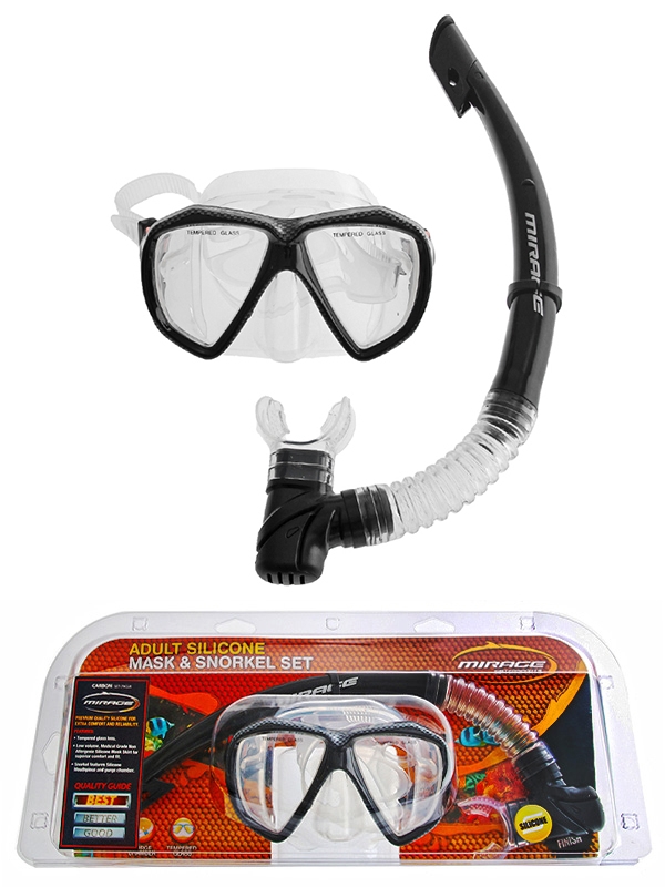 Mirage Carbon Adult Silicone Dive Mask and Snorkel Set Clear