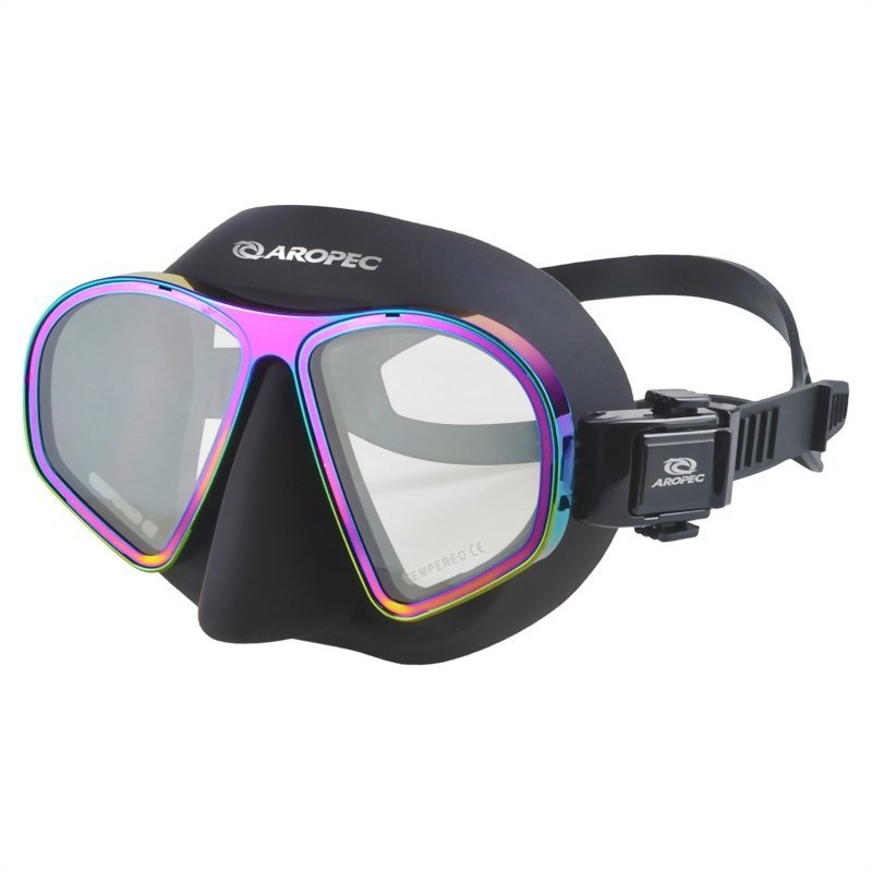 Aropec Twin Lens Alloy Frame Adult Dive Mask Black/Rainbow with Box