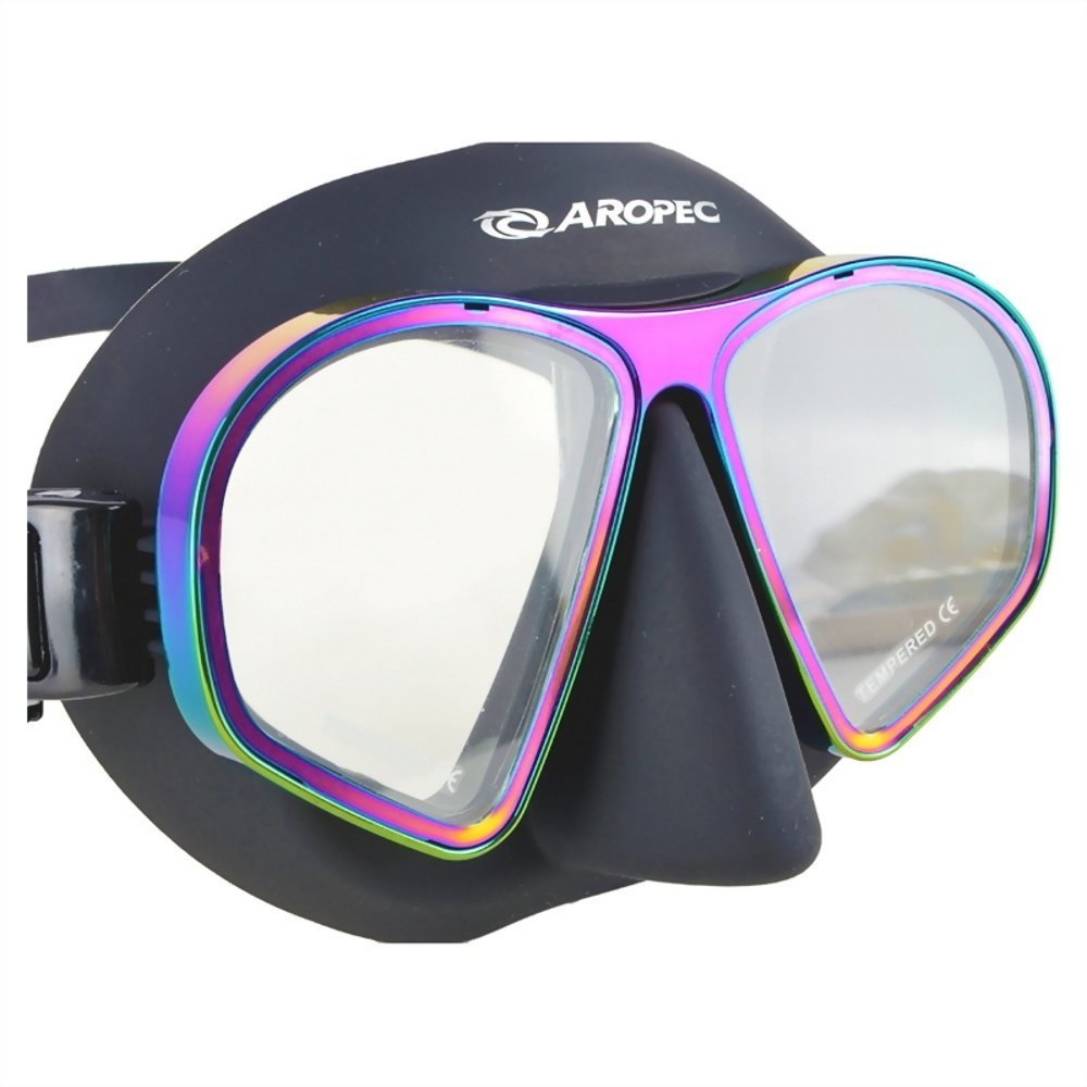 Aropec Twin Lens Alloy Frame Adult Dive Mask Black/Rainbow with Box