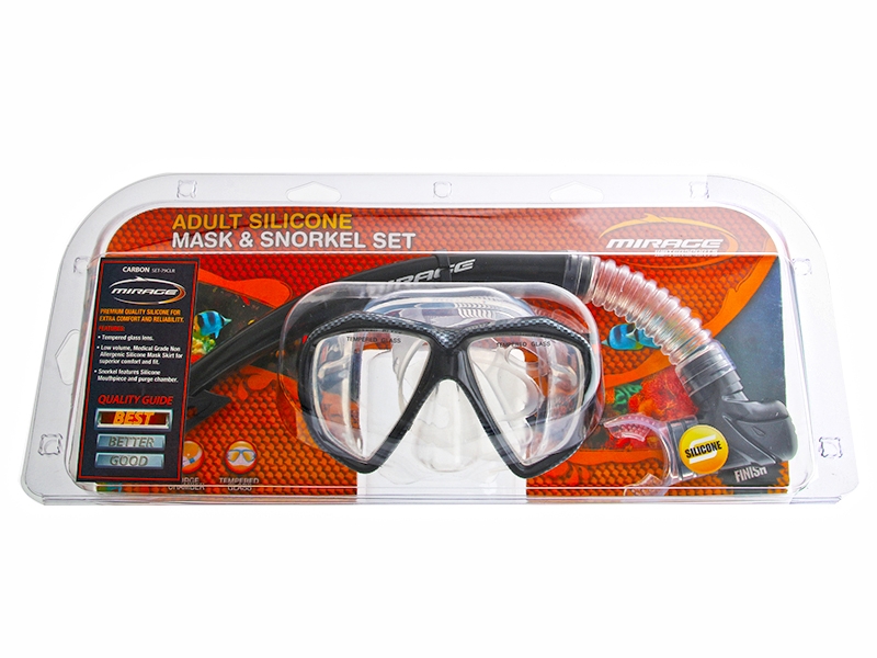 Mirage Carbon Adult Silicone Dive Mask and Snorkel Set Clear