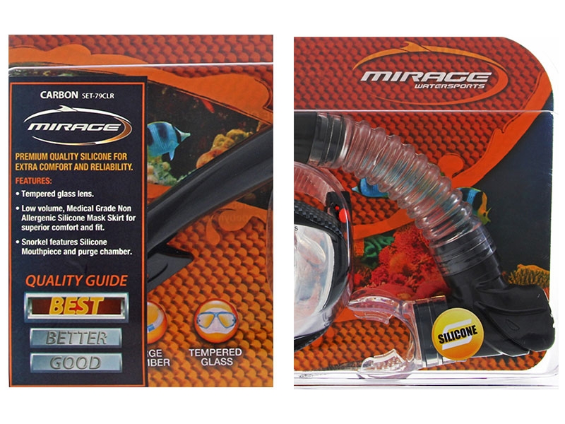 Mirage Carbon Adult Silicone Dive Mask and Snorkel Set Clear