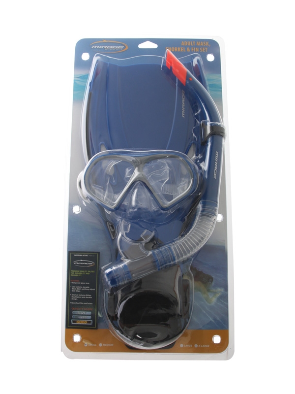 Mirage Mission Adult Dive Mask Snorkel and Fins Set Blue L/XL