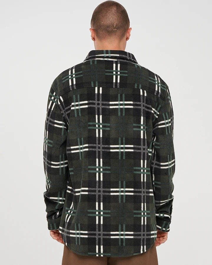 The Mad Hueys Skeleton Paradise Mens Fleece Shacket Oil Green