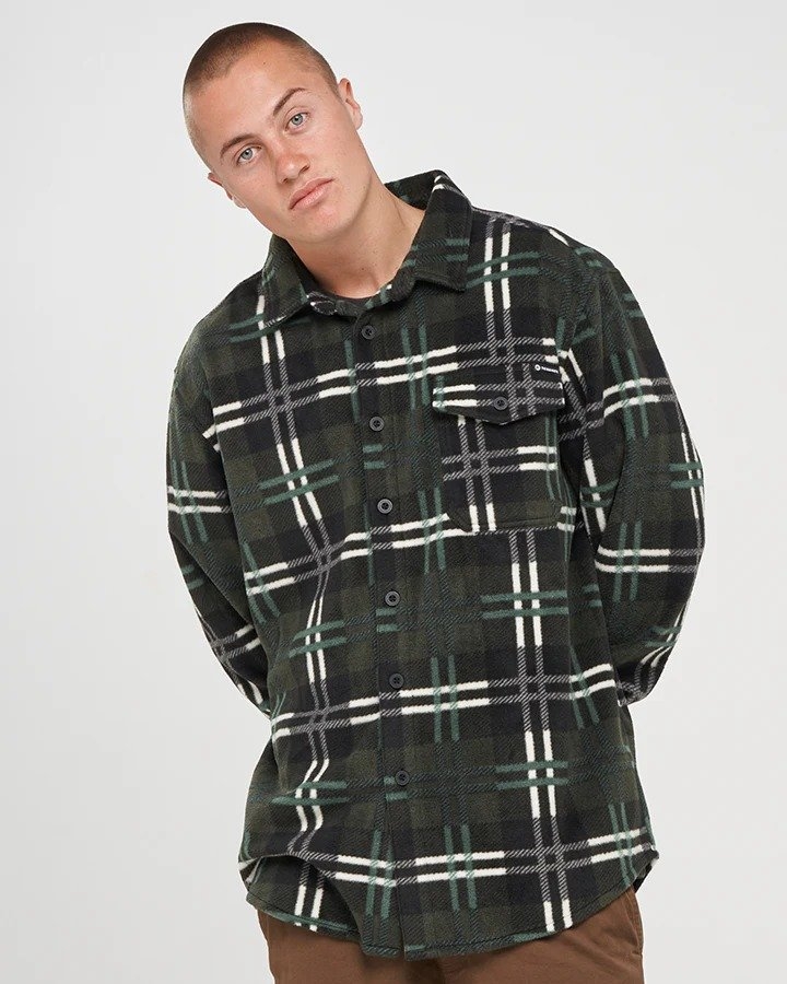 The Mad Hueys Skeleton Paradise Mens Fleece Shacket Oil Green