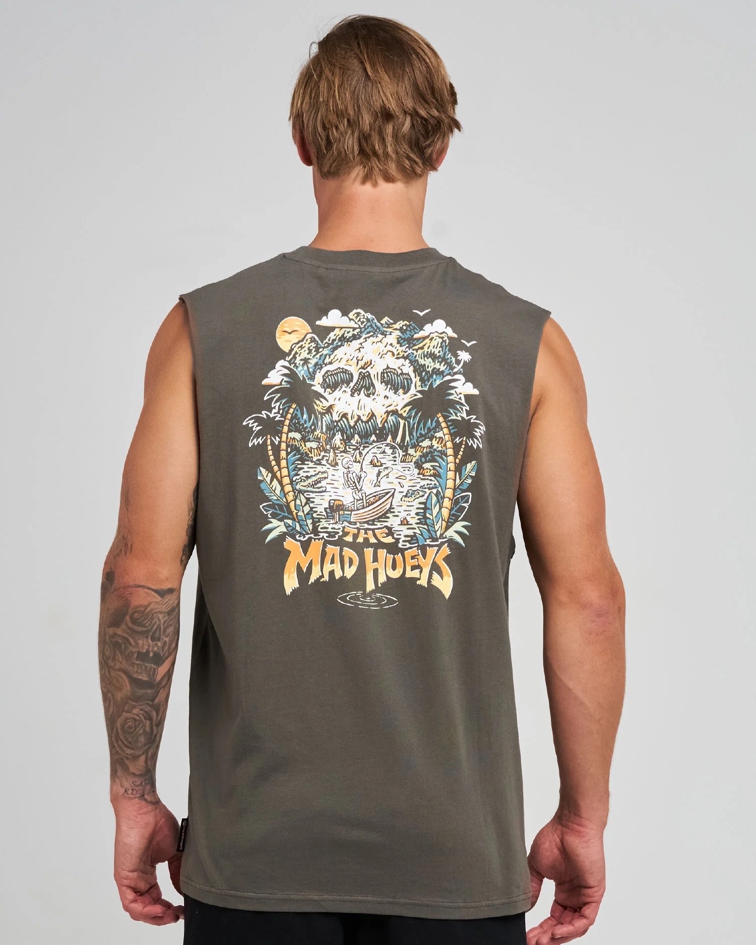 The Mad Hueys Skull Paradise Jungle Mens Muscle Tank Charcoal
