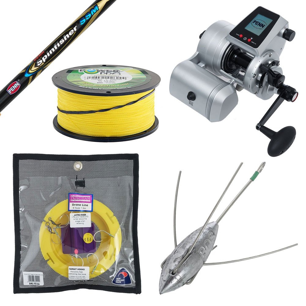 PENN Fathom 30 Spinfisher Electric Drone Fishing Combo with Battery Braid and Tackle 8ft PE10 3pc