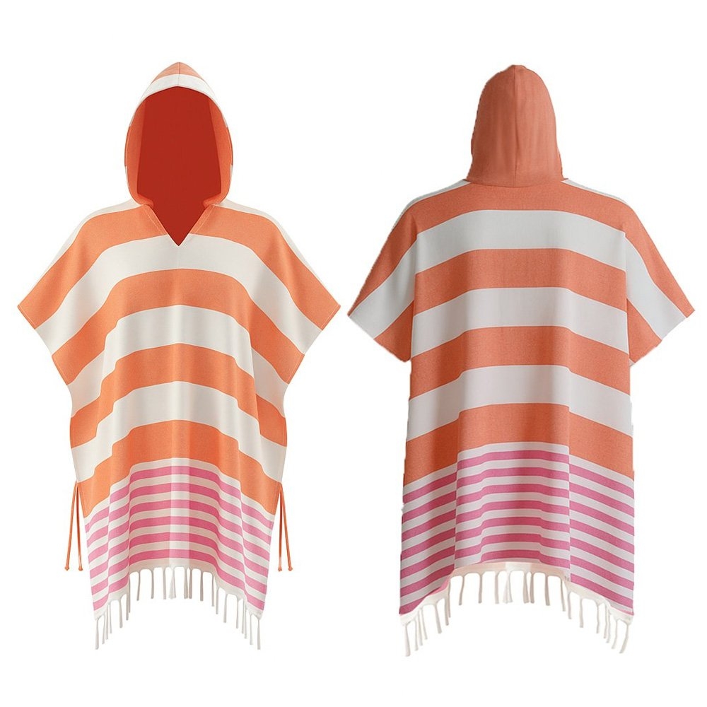 Black Shag Hand-Loomed Cotton Beach Fouta Poncho - Tangerine Orange Red