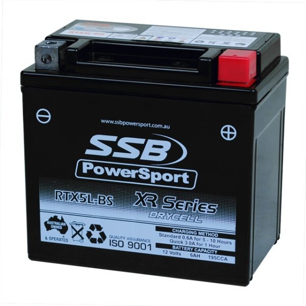 SSB PowerSport XR Series RTX5L-BS High-Performance AGM Battery 12.8V 6Ah 195CCA