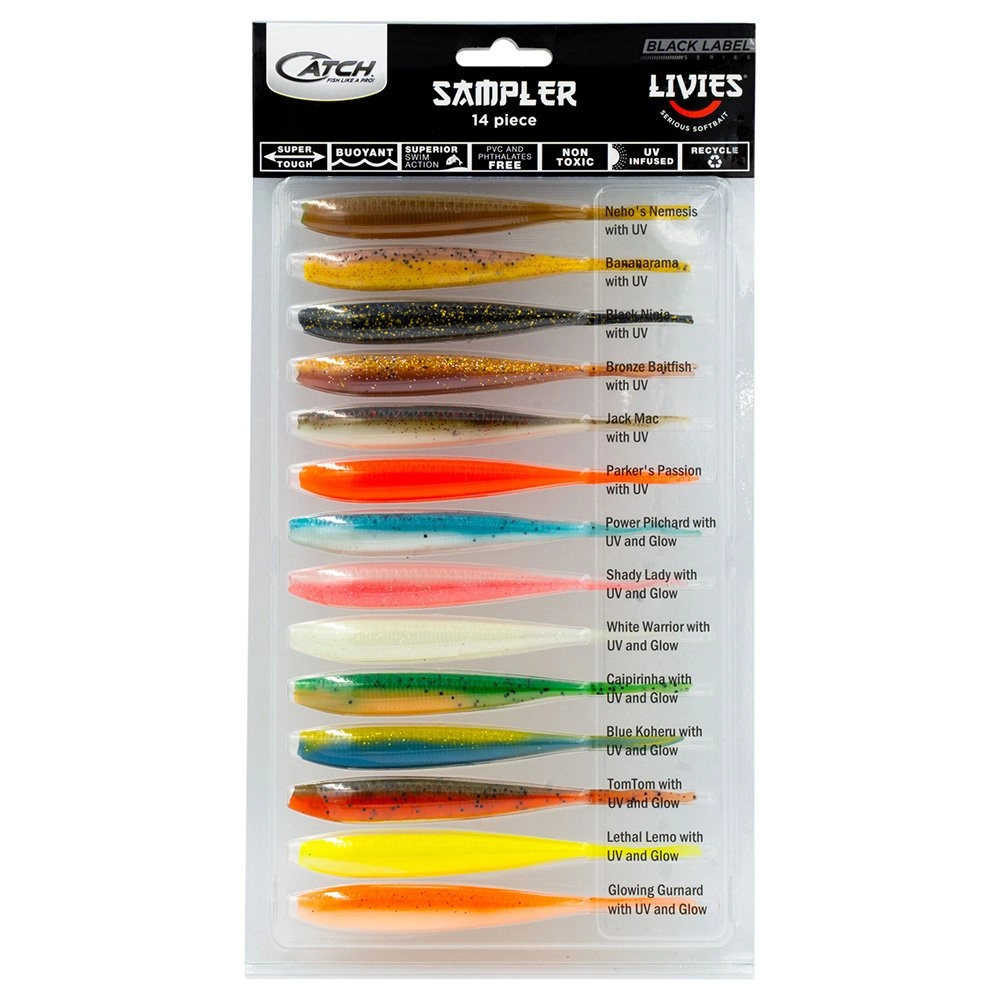 Catch Black Label Livies Jerkshad Soft Bait 14-Piece Sampler 5in Catch Black Label Livies Jerkshad Soft Bait 14-Piece Sampler 5in