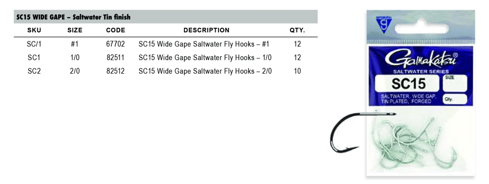 Gamakatsu SC15 Wide Gape Saltwater Fly Hooks 2/0 Qty 10