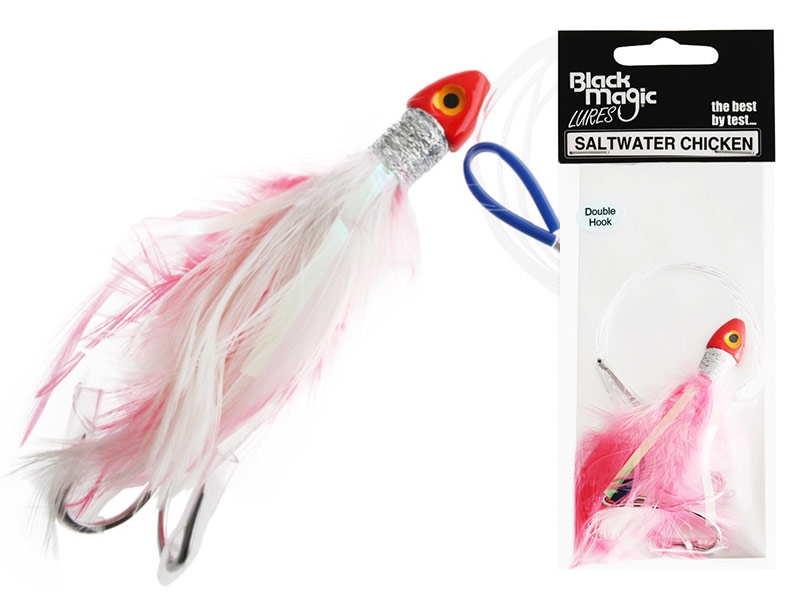 Black Magic Saltwater Chicken Feathered Lure 85mm Double Hook Pink/White