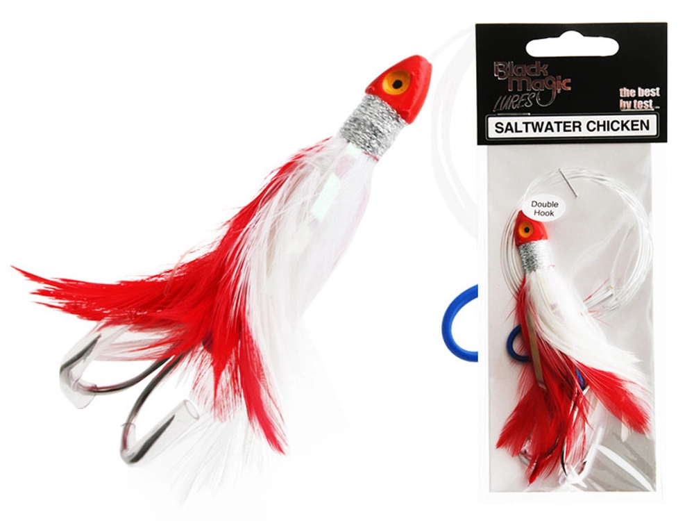 Black Magic Saltwater Chicken Feathered Lure 85mm Double Hook Red/White Black Magic Saltwater Chicken Feathered Lure 85mm Double Hook Red/White