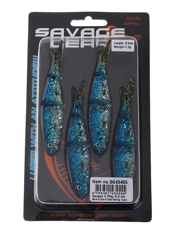 Savage Gear 4Play Swim & Jerk Swimming Soft Bait 95mm Real Herring Qty 4