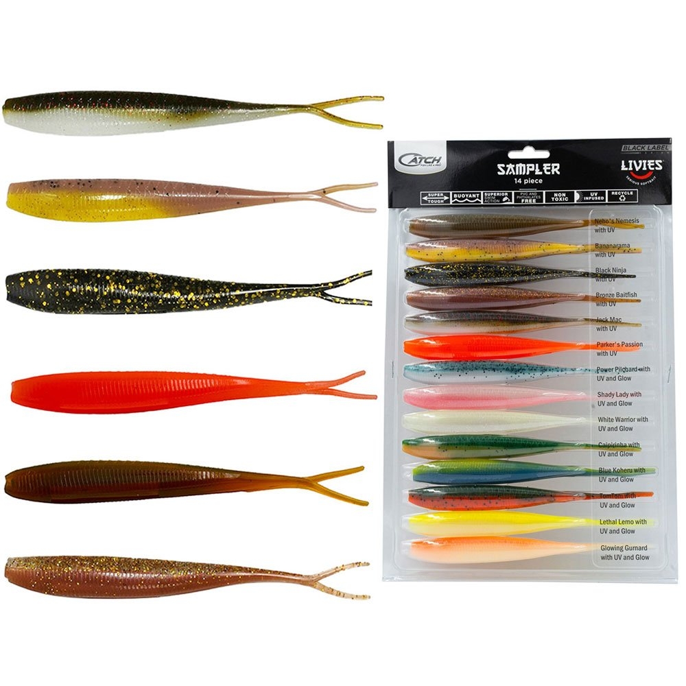 Catch Black Label Livies Jerkshad Soft Bait 14-Piece Sampler 7in