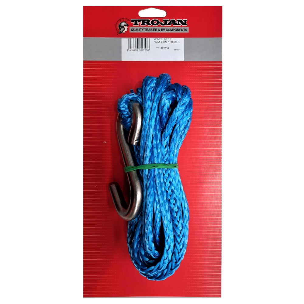 Trojan Heavy Duty Trailer Winch Rope Blue 6mm x 6m
