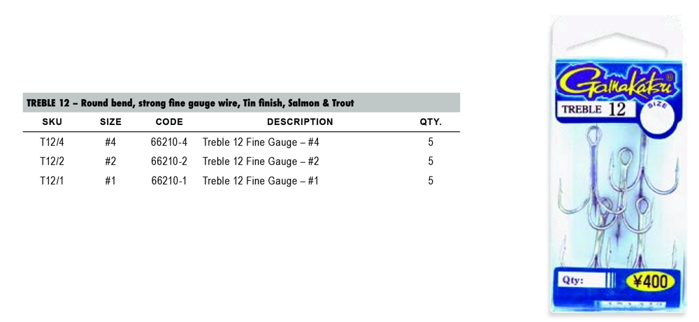 Gamakatsu Treble 12 Fine Gauge Hook No.2 Qty 5