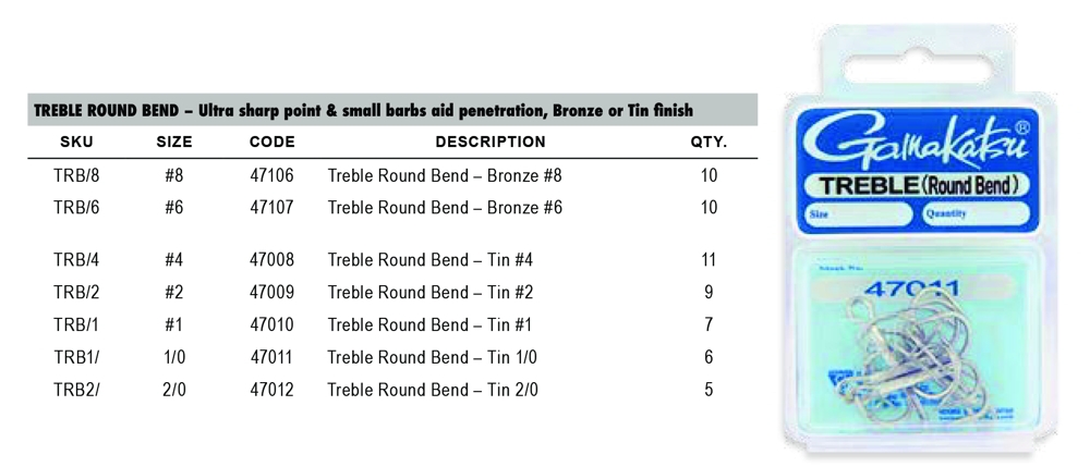 Gamakatsu Round Bend Treble Hooks Bronze No.8 Qty 12