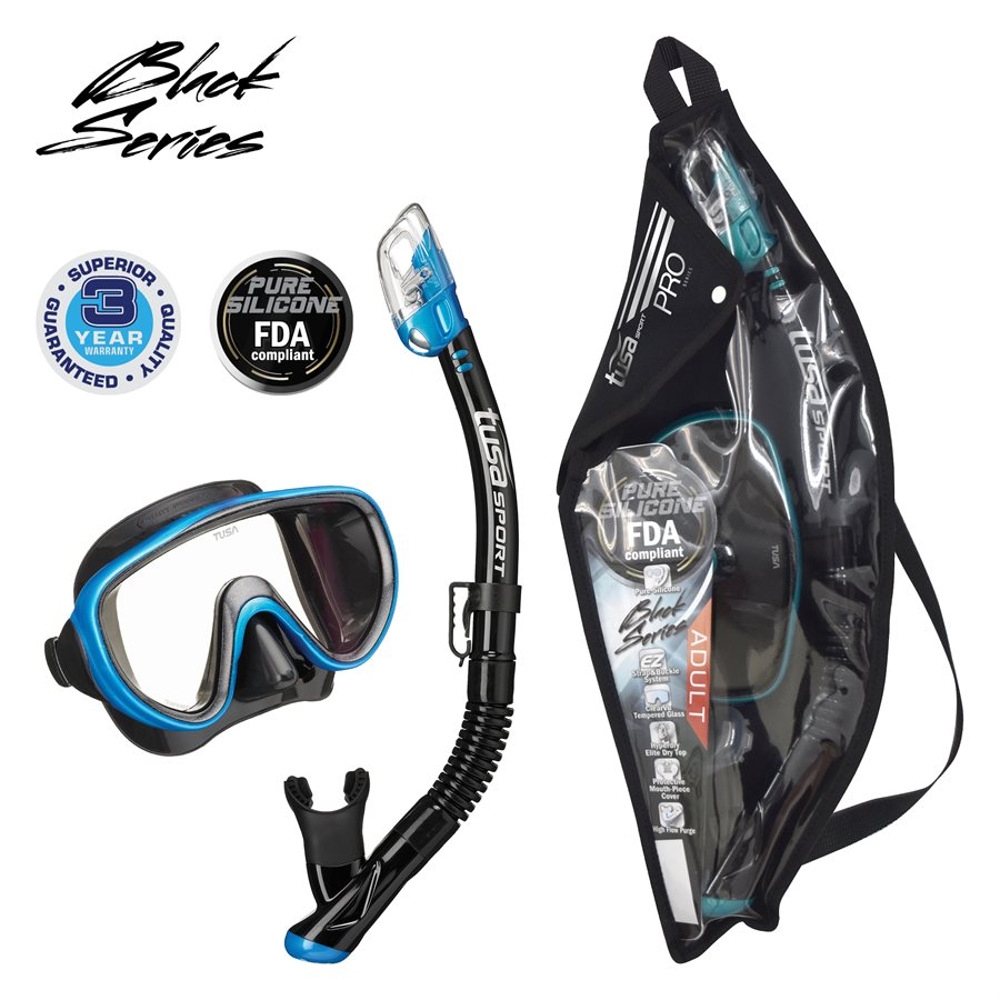 TUSA Sport Serene Adult Combo Mask and Snorkel Set Black Silicone/Fishtail Blue