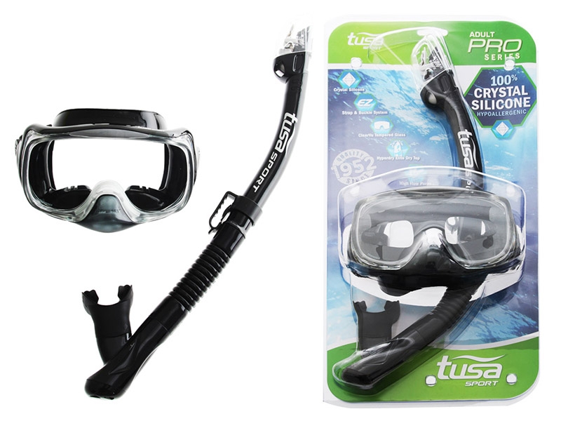 TUSA Sport Imprex 3D Dry Adult Dive Mask and Snorkel Set Black/Black