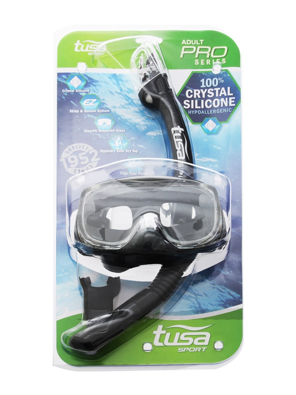 TUSA Sport Imprex 3D Dry Adult Dive Mask and Snorkel Set Black/Black