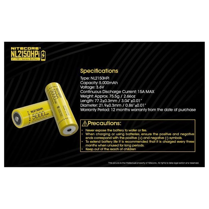 NITECORE 21700L Rechargeable Battery 3.6V 5000mAh